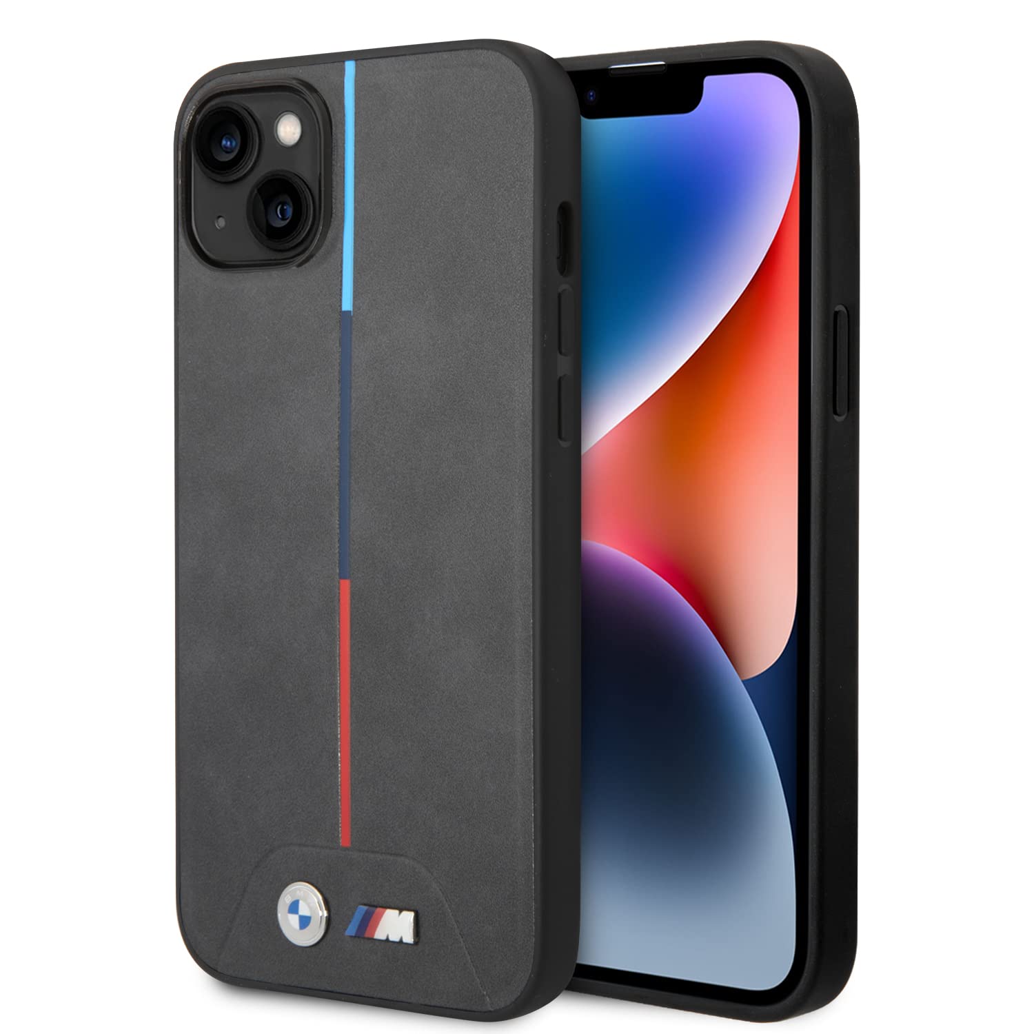 CG MOBILE BMW-Handyhülle für iPhone 14 Plus, gesteppt mit mittelgroßen Tricolor-Linien, PU-Leder, M-Kollektion, glatte Schutzhülle mit einfachem Schnappverschluss, Stoßdämpfung und Signatur-Logo