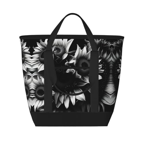 YQxwJL Isolierte Kühltasche mit Sonnenblumen-Aufdruck, großes Fassungsvermögen, Einkaufstasche, Reisetasche, Strand, wiederverwendbare Einkaufstasche für Erwachsene, Schwarz und Weiß, Schwarz,