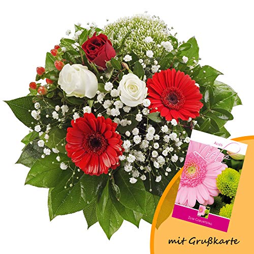 Dominik Blumen und Pflanzen, Blumenstrauß "Gruß von Herzen" mit Rosen, Gerbera und Johanniskraut und Grußkarte "Geburtstag"