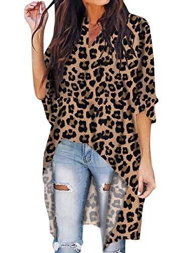 SOMTHRON Damen 1/2 Arm Loose Fit Blusen V-Ausschnitt Hinten Länger T-Shirt mit Leopardmuster(TA,XL)