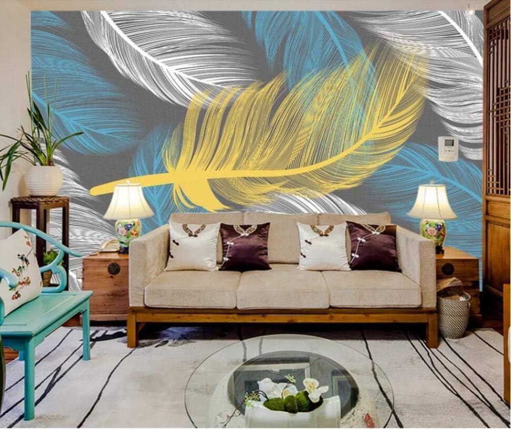 Blaue Federn Gelbe Federn Weiße Federn 3D Tapete Poster Restaurant Schlafzimmer Wohnzimmer Sofa TV Dekorative Wand-200cm×140cm