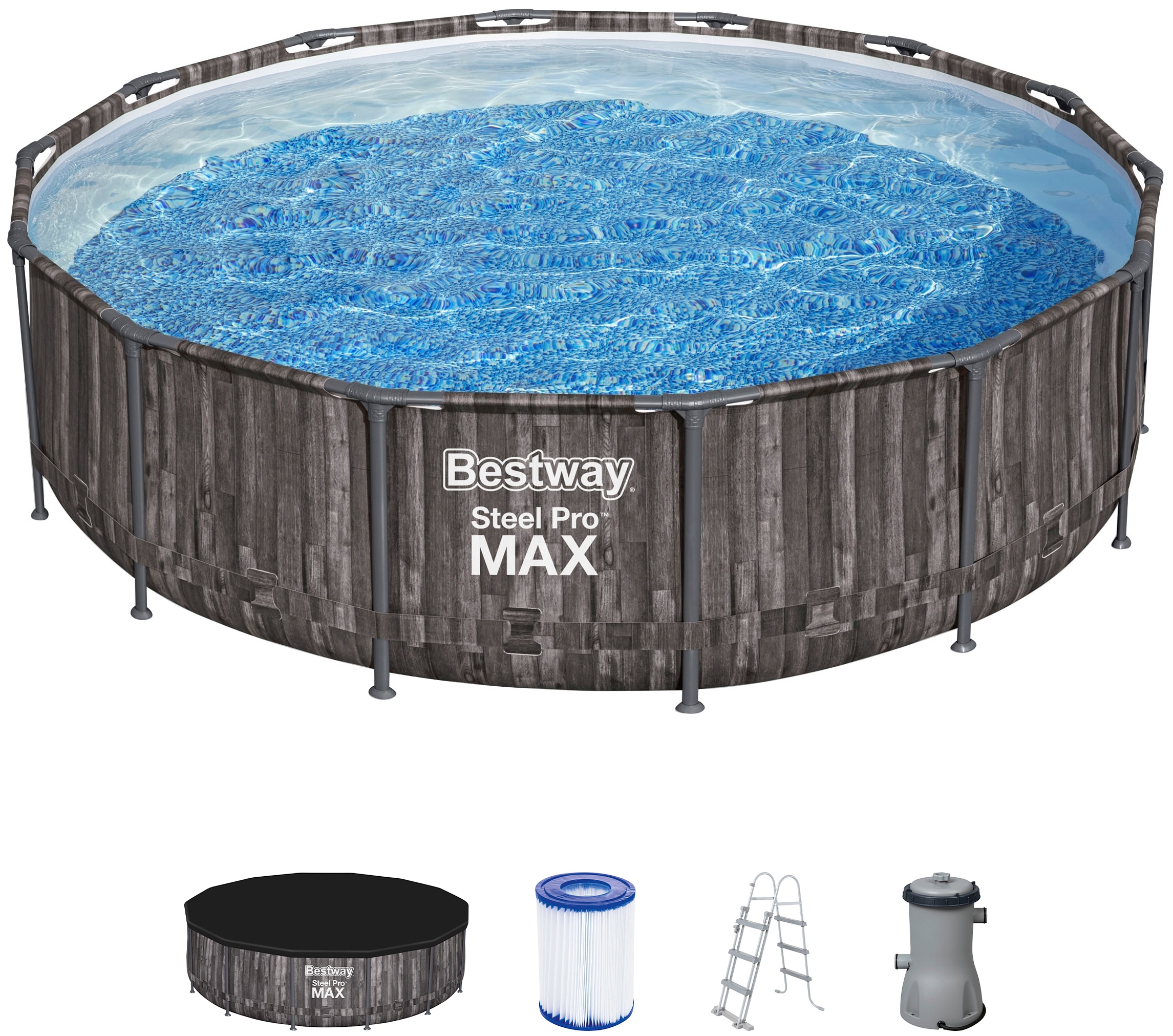 Bestway Framepool "Steel Pro MAX™", (Komplett-Set), 5-tlg. Auftstellpool mit Filterpumpe Ø 427x107 cm, Holzoptik