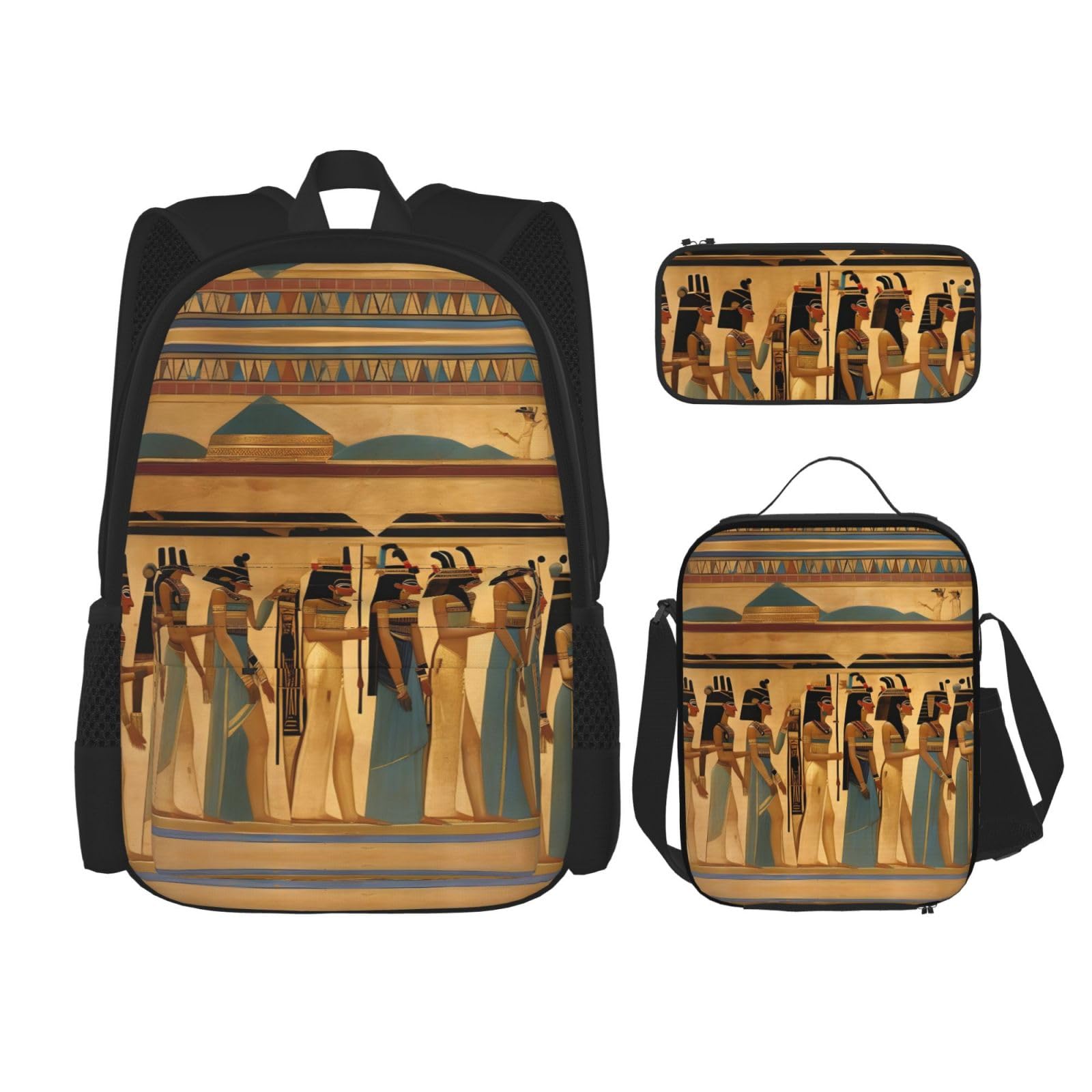 WURTON Frauen im alten Ägypten Druck Lunchbox Federmäppchen Rucksack Set 3 Stück Verstellbare Träger Langlebig Leicht Schwarz Einheitsgröße, Schwarz, One Size