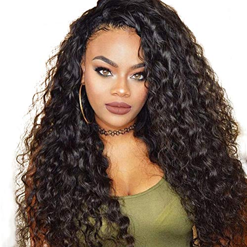 MARBER Lange lockige Welle Spitze Perücken Afro Locken Perücke Synthetische Lace Front Perücken Hitzebeständige Faser mit Babyhaar für Frauen Natural Black 26 Zoll