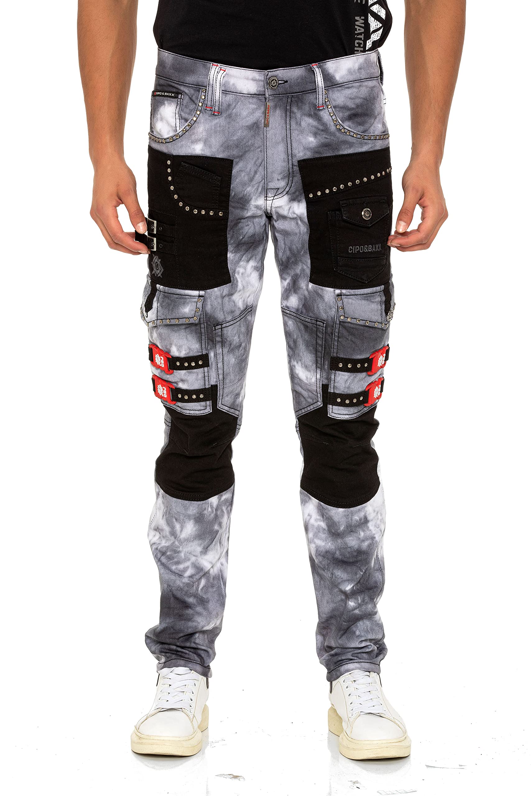 Cipo & Baxx Herren Jeans Hose Rockig Nieten Straight Fit Denim Pants CD805 Grau W31-L32