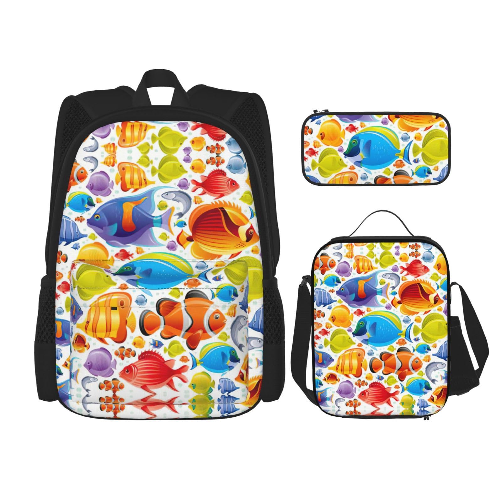 WURTON Cartoon Fisch Druck Rucksack Mädchen Jungen Schultaschen Teen Lunch Box Und Federmäppchen 3 In 1 Büchertaschen Set