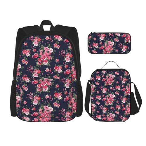 WURTON Schulrucksack-Set mit Pfingstrosen-Blumenmuster, 3-in-1-Büchertaschen-Set mit Lunchbox, Federmäppchen, Reise-Laptop-Tagesrucksäcke