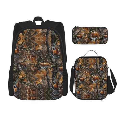 WURTON Schulrucksack-Set mit Jagdmotiv und Hirsch, Bär, Elch, 3-in-1, Büchertaschen-Set mit Lunchbox, Federmäppchen, Reise-Laptop, Tagesrucksäcke