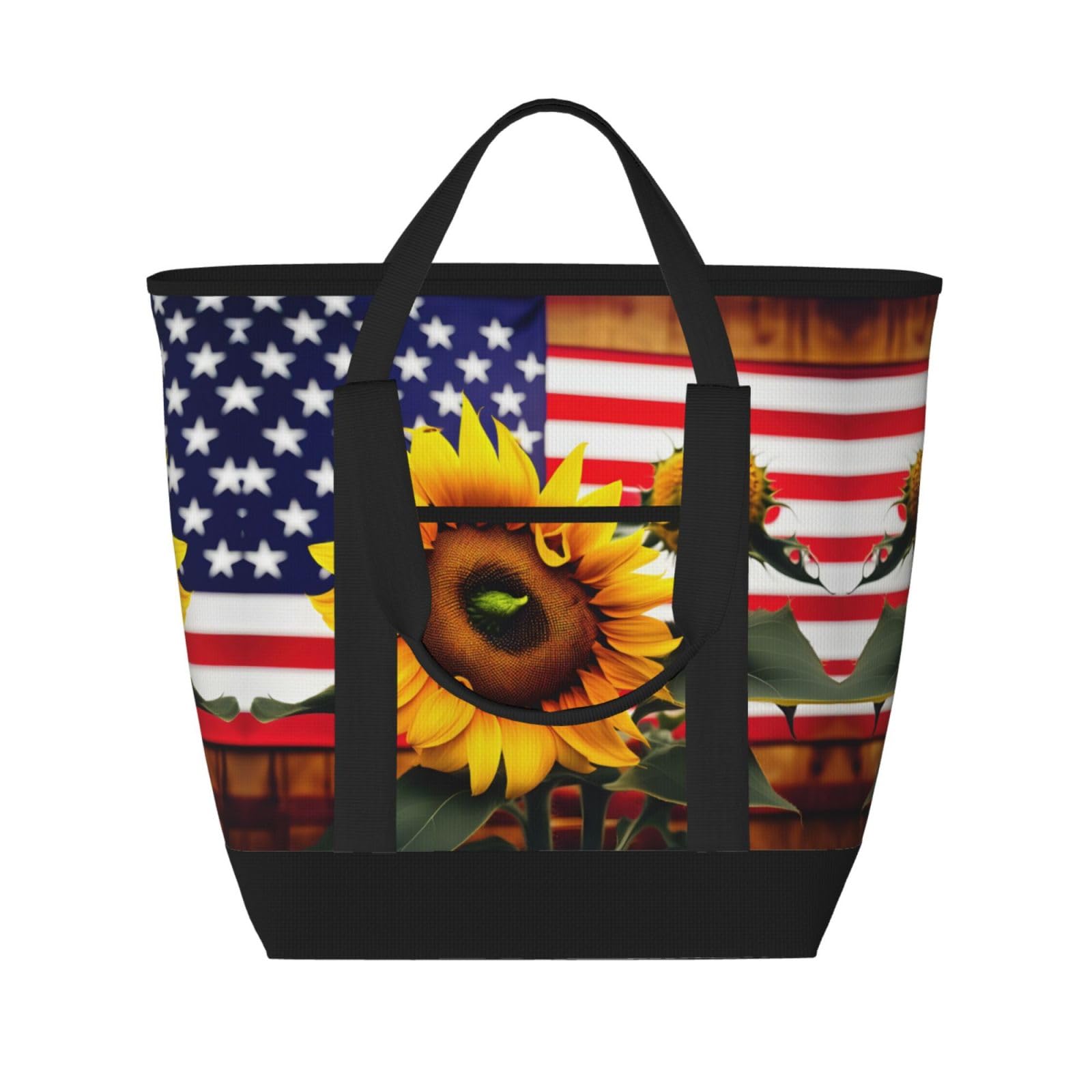 YQxwJL Isolierte Kühltasche mit Sonnenblumen- und amerikanischer Flagge, großes Fassungsvermögen, Einkaufstasche, Reisetasche, Strand, wiederverwendbare Einkaufstasche für Erwachsene, Schwarz,