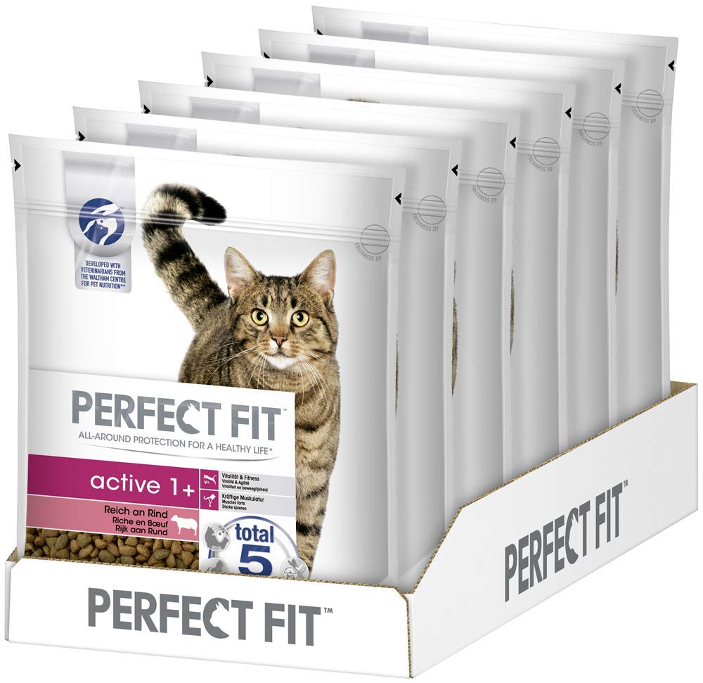 Perfect Fit Active 1+ – Trockenfutter für erwachsene, aktive Katzen ab 1 Jahr – Reich an Rind – Unterstützt die Vitalität – 6 x 750 g