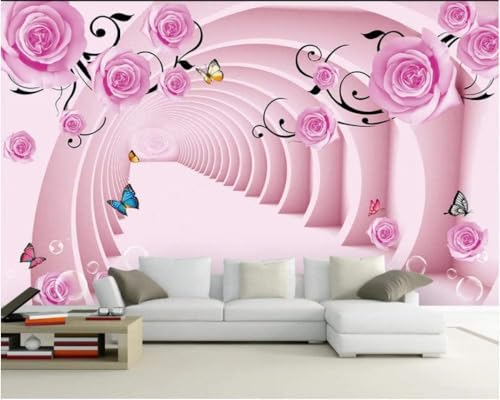 Rosa Rosen Schmetterlinge Rosa Kubischer Raum 3D Tapete Poster Restaurant Schlafzimmer Wohnzimmer Sofa TV Dekorative Wand-200cm×140cm