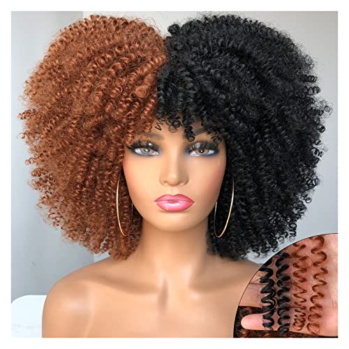 Perücken Kurze Afro Kinky Curly Perücke mit Pony for schwarze Frauen Cosplay Lolita Hair Ombre Mixed Brown Synthetic African Perücken Damenperücke(Color:F1B-30)