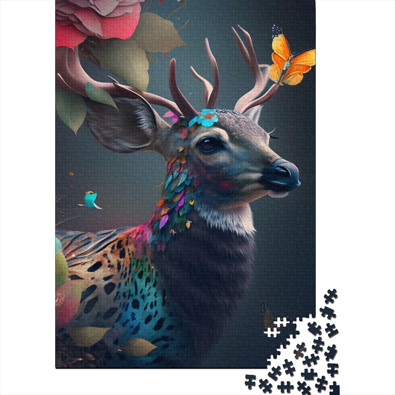 Regenbogen-Hirsch-Blumen-Holzpuzzle für Erwachsene, Puzzle-Spielzeug, 1000-teiliges Puzzle für Erwachsene Teenager, Puzzle – anspruchsvolles Spiel (Größe: 75 x 50 cm)