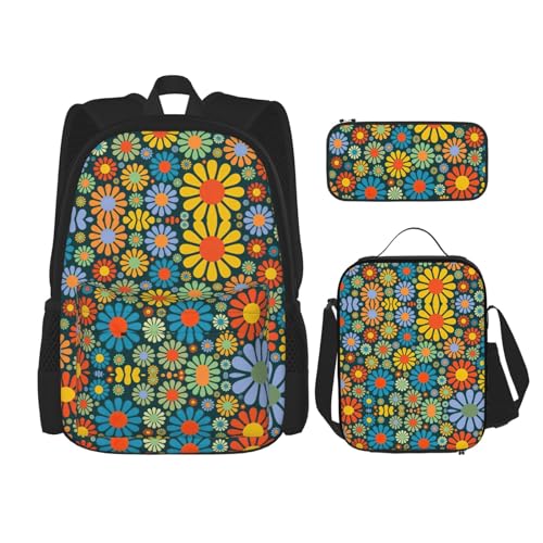 WURTON Rucksack mit Hippie-Muster, 3-in-1, Büchertasche, Set mit Lunchbox, Federmäppchen, Reise, Laptop, Tagesrucksack