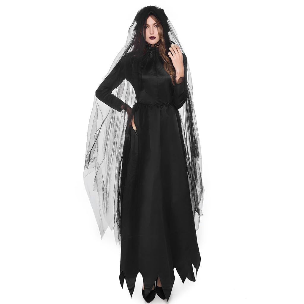 Avejjbaey Frauen Halloween Braut Schwarzes Hexenkleid Cosplay Kostüm Outfit