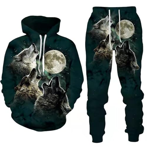 RIAAJ 3D wolf Jogginganzug Herren Jogging Sportanzug Fitness Sporthose Hose Hoodie Herren Trainingsanzug Zweiteiliges Set Freizeitanzug mit Löwen Tigermuster Sportsw (A1,XL)