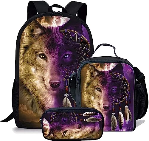 Wolf Schulranzen Set für Jungen Mädchen,3er Pack Schulrucksack Lässiger Tagesrucksack,Grundstufe Kinder Kinder Isolierte Brotdose,Bleistiftetui (A5,12.6inx5.5inx17in)