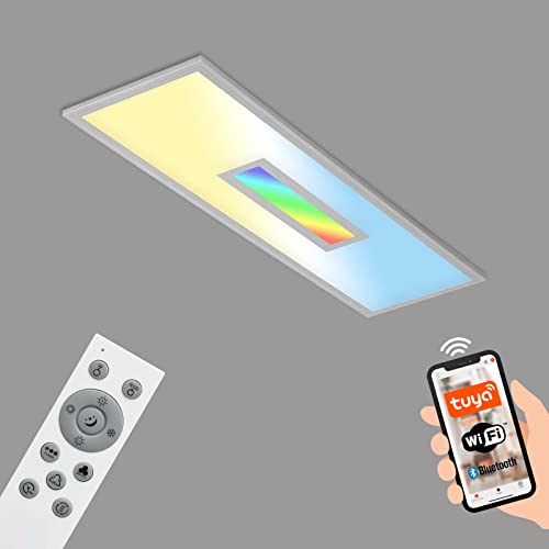 Briloner Leuchten - Smarte LED Deckenleuchte, Wifi Deckenlampe mit RGB Centerlight, CCT, Dimmbar, Sprachsteuerung, Silberfarbig, 1000x250x60 mm