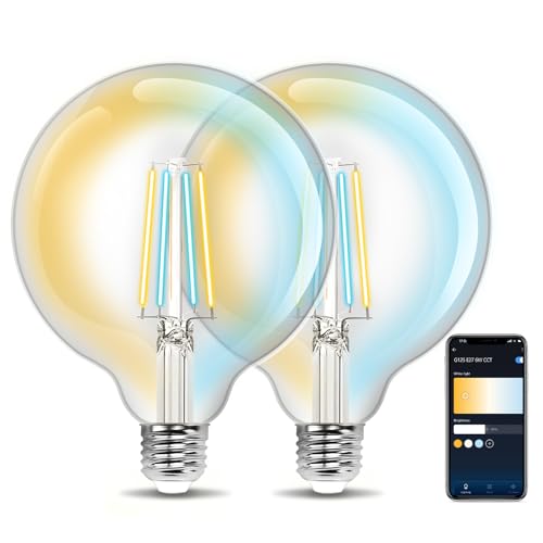 Aigostar Smart LED Glühbirne E27, 6W Vintage Glühbirnen, G125 Transparent Globe, 850LM Warmweiß Dimmbar 2700K -6500K, Kompatibel mit Alexa und Google Home, Kein Hub erforderlich, 2.4GHz WiFi, 2 Stücke