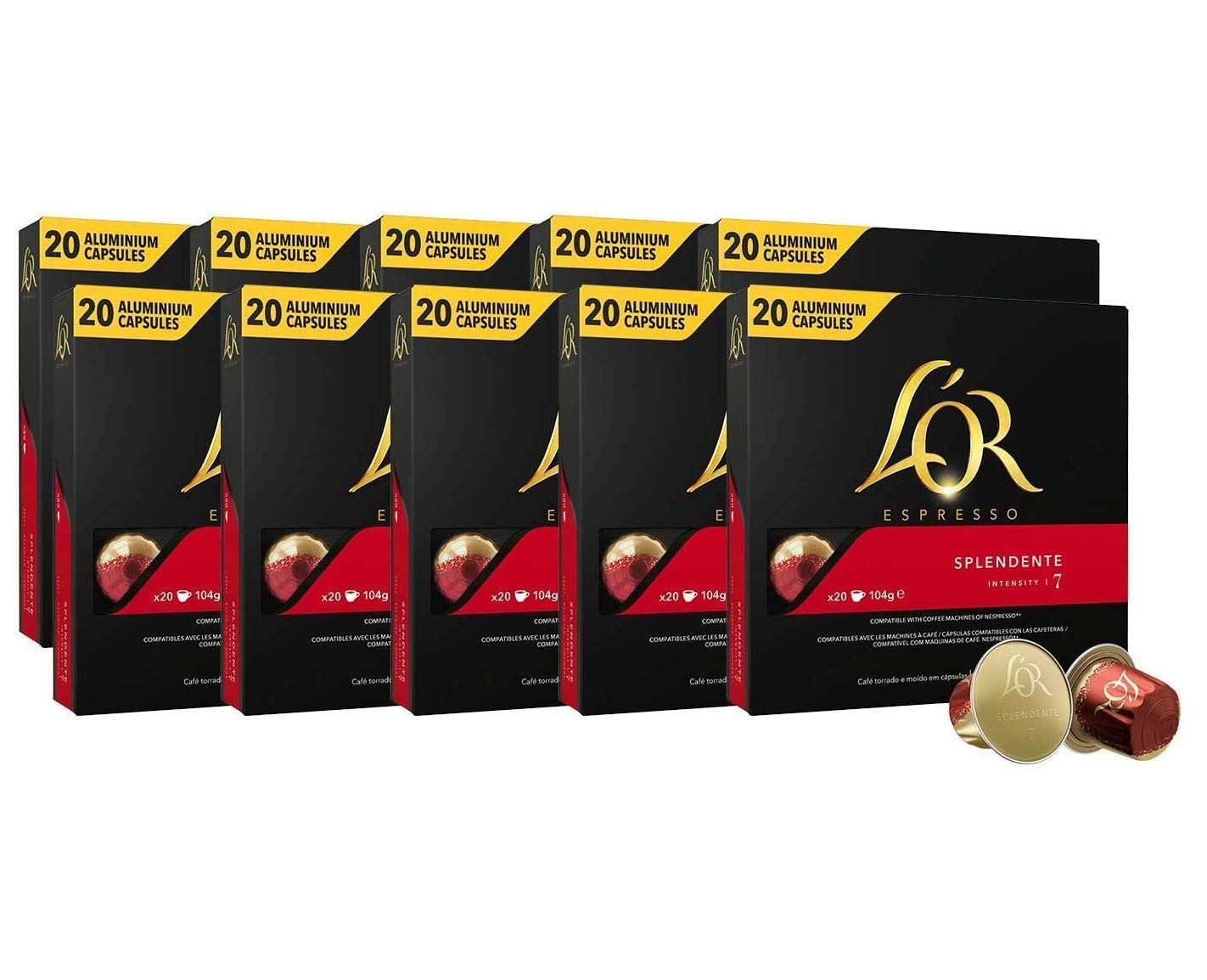 L'OR Espresso Kaffee Splendente Intensität 7 - Nespresso®* kompatible Kaffeekapseln aus Aluminium - 10 Packungen mit 20 Kapseln (200 Getränke)