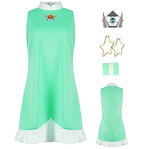 AYYOHON Prinzessin Pfirsich Cosplay Kostüm Damen Prinzessin Daisy Rosalina Tenniskleid mit Krone Ohrringe Erwachsene Halloween Anzug XS