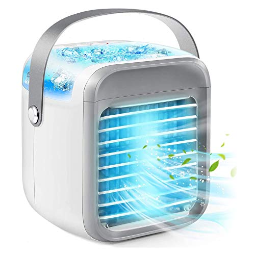 Tragbarer Luftkühler, persönliche Mini-Klimaanlage, 3 in 1 Mini-Verdunstungsanlage mit Griff / 7 LED-Licht/Luftbefeuchter/Reiniger/ 3 Geschwindigkeiten Desktop-Kühlventilator für Haus, Büro