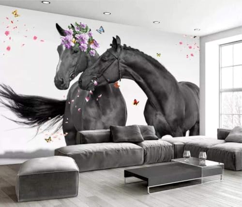 Süßes Paar Pferde Schwarze Blume Schmetterling 3D Tapete Poster Restaurant Schlafzimmer Wohnzimmer Sofa TV Dekorative Wand-350cm×256cm