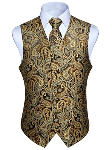 Enlision Herren Paisley Blumenhochzeit Jacquard Weste & Krawatte und Pocket Square Weste Anzug Set Gold