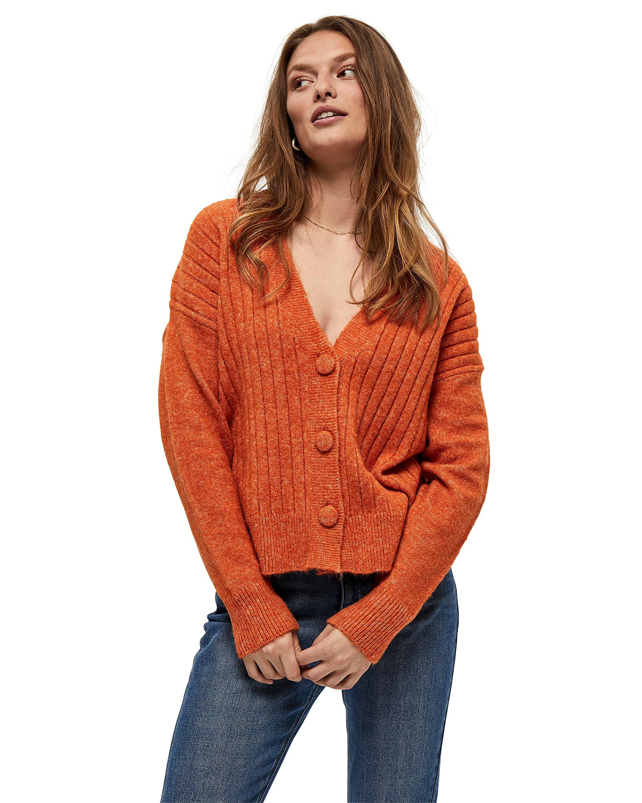 Peppercorn Damen Penelope Rib Cardigan Curved Ripp Strickjacke, 6835M Apricot Orange Melange, 46