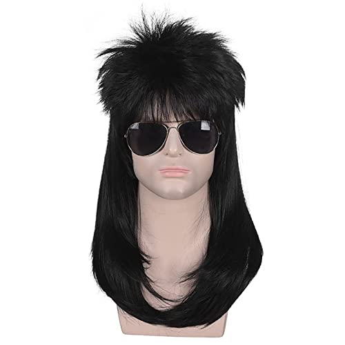 JGZGCG Herren 70er 80er Vokuhila Perücke Lange Lockig Mullet Perücke Rocker Punk Popstar Perücke Halloween Karneval Themenparty Verkleiden Cosplay Kostüm