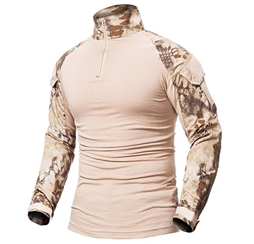 ShallGood Herren-Hemden, Kampf, Militär, Airsoft, BDU, Shirt, Outfit, Camouflage, Uniform, taktisch, schnell trocknend, mit Taschen, Ellbogenschützer, Langarm-Hemd, Multicam, A Khaki, XL