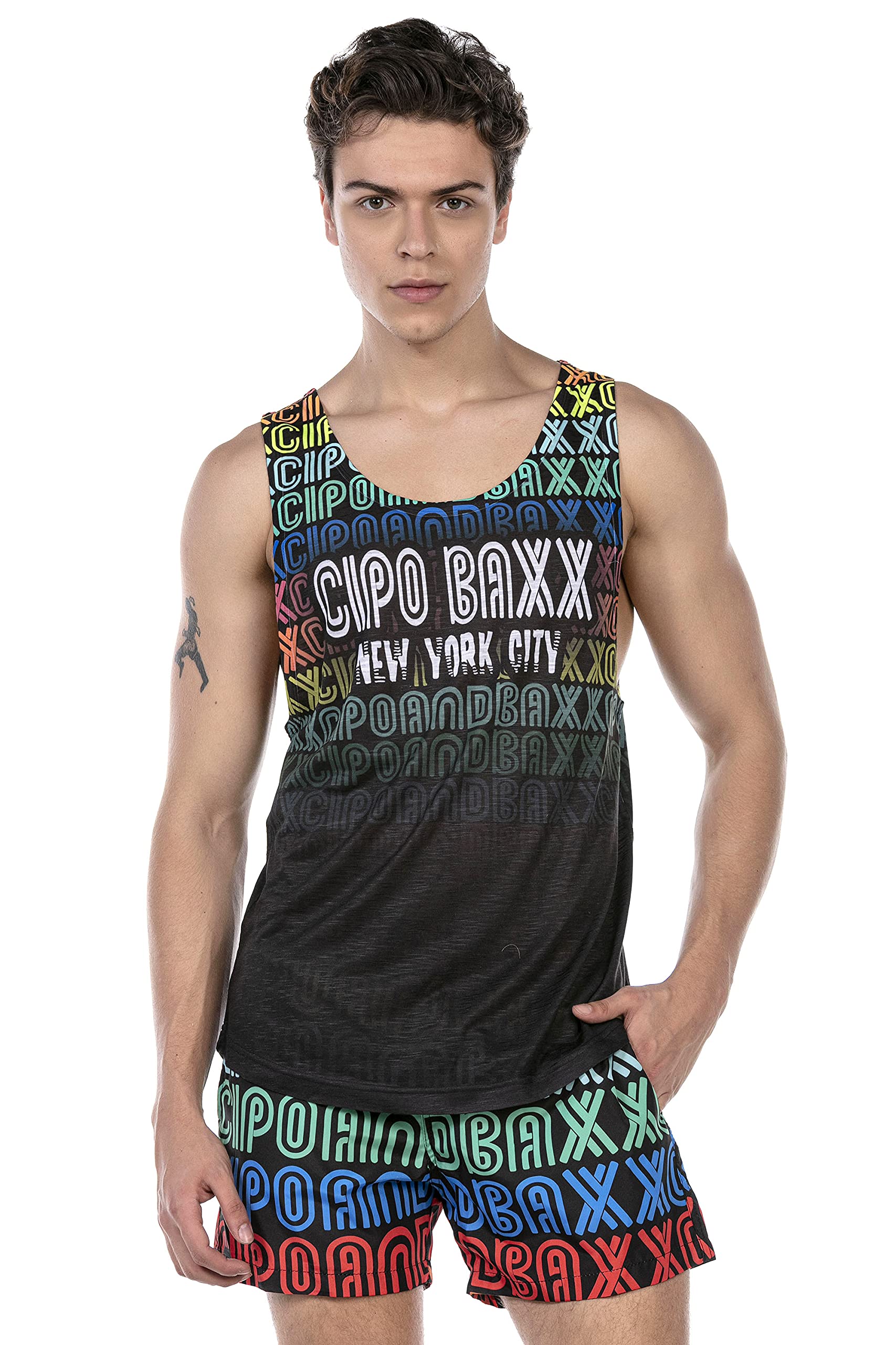 Cipo & Baxx Herren Schwimm Set Tanktop Badehose T-Shirt Shorts mit Logo Print CUK246 Schwarz L