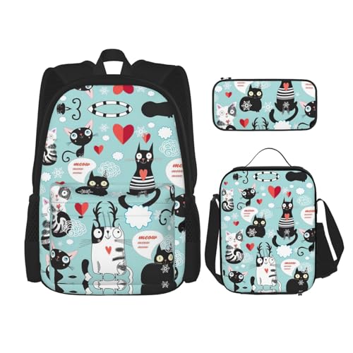 WURTON Rucksack mit Katzen-Motiv, Schwarz und Weiß, 3-in-1-Büchertaschen-Set