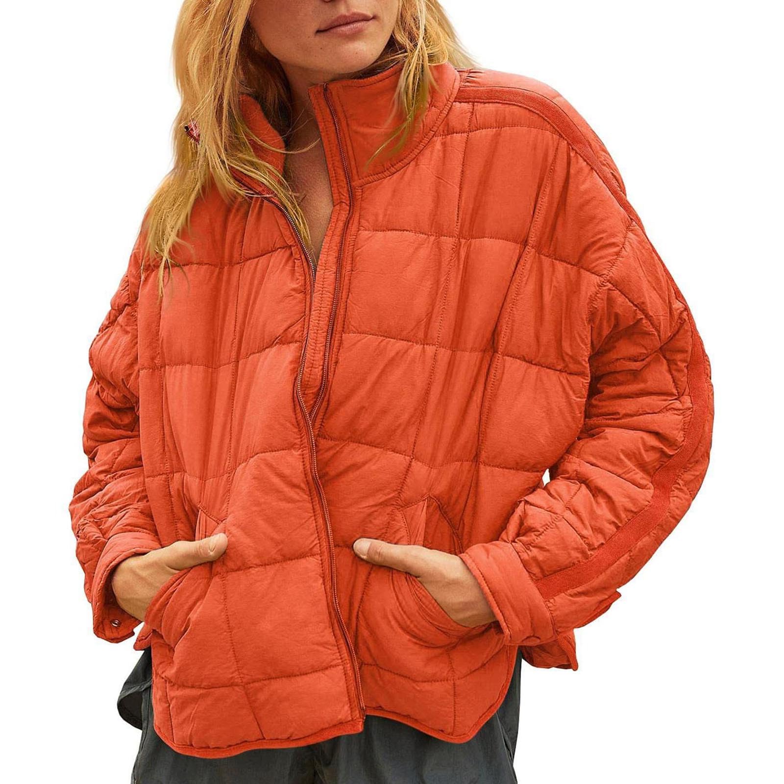 RKaixuni Leichte Steppjacke für Damen, Winter, warm, Baumwolle, Daunenmantel, lockere Passform, Parka, Anorak, modische Outwear, Orange, 46