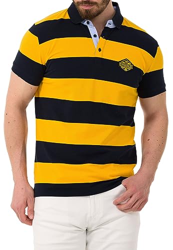 Cipo & Baxx Herren Poloshirt Freizeit Baumwolle Polokragen Streifen T-Shirt CT741 Dunkelblau-Gelb XXL