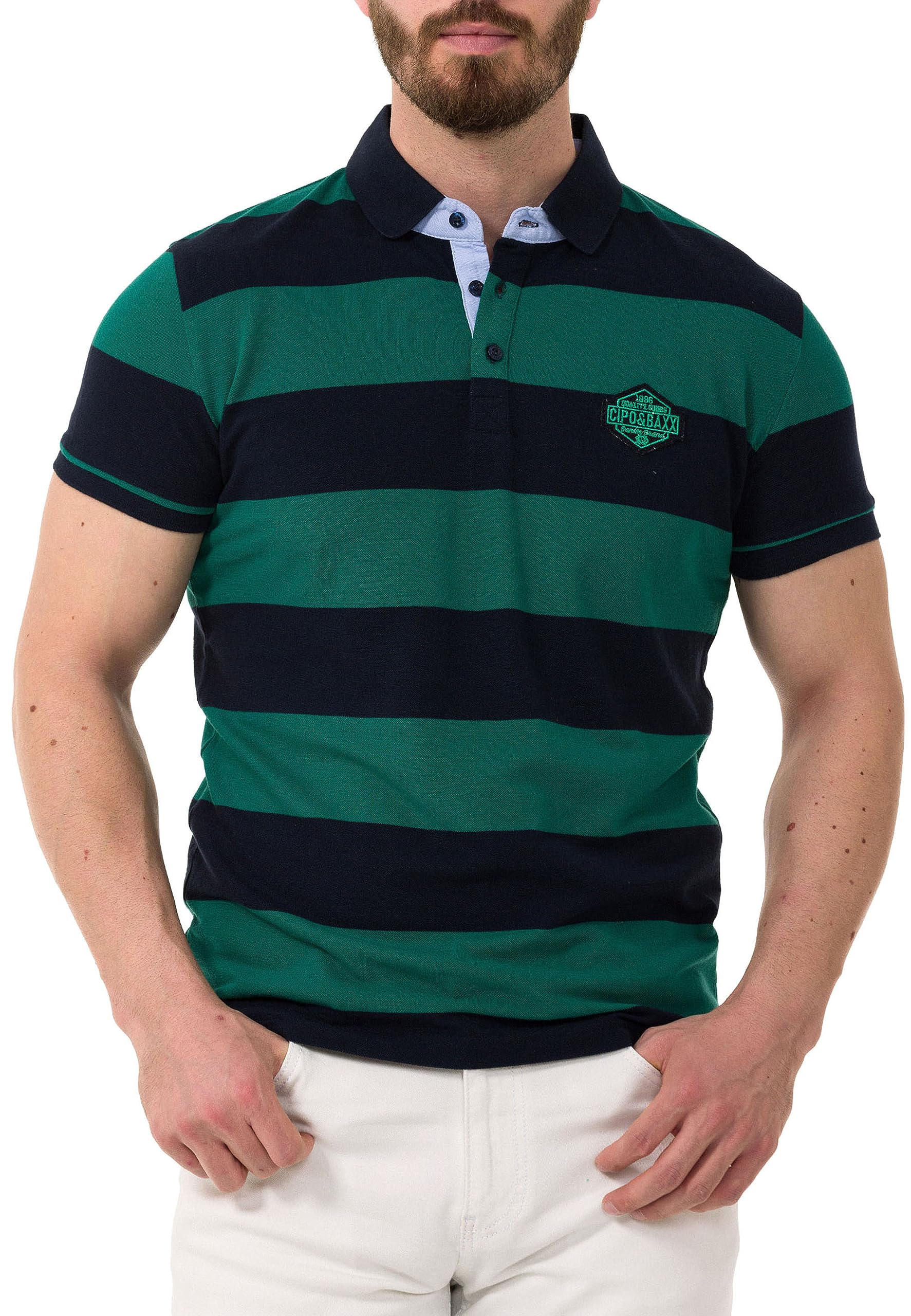 Cipo & Baxx Herren Poloshirt Freizeit Baumwolle Polokragen Streifen T-Shirt CT741 Dunkelblau-Grün XL