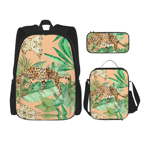 WURTON Schulrucksack-Set mit Leoparden- und Palmblättern, 3-in-1-Büchertaschen-Set mit Lunchbox, Federmäppchen, Reise-Laptop-Tagesrucksäcke