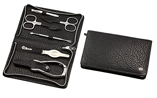 HK-Manicure Manicure-Etui, Metall-Reissverschluss: schrumpfgegerbtes Vollrindleder; 6-teiliger Inhalt, rostfrei-edelmattiert, schwarz