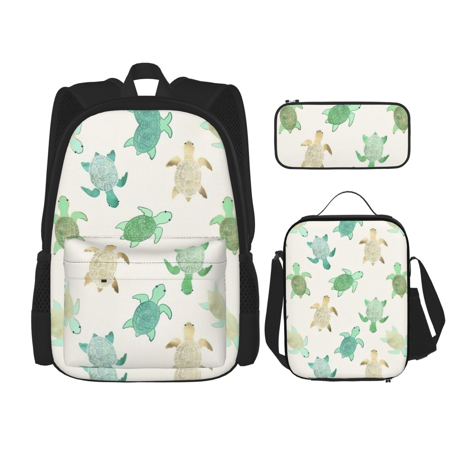 WURTON Turtle Write Print Lunchbox Federmäppchen Rucksack Set 3 Stück Verstellbare Träger Langlebig Leicht, Schwarz, One Size