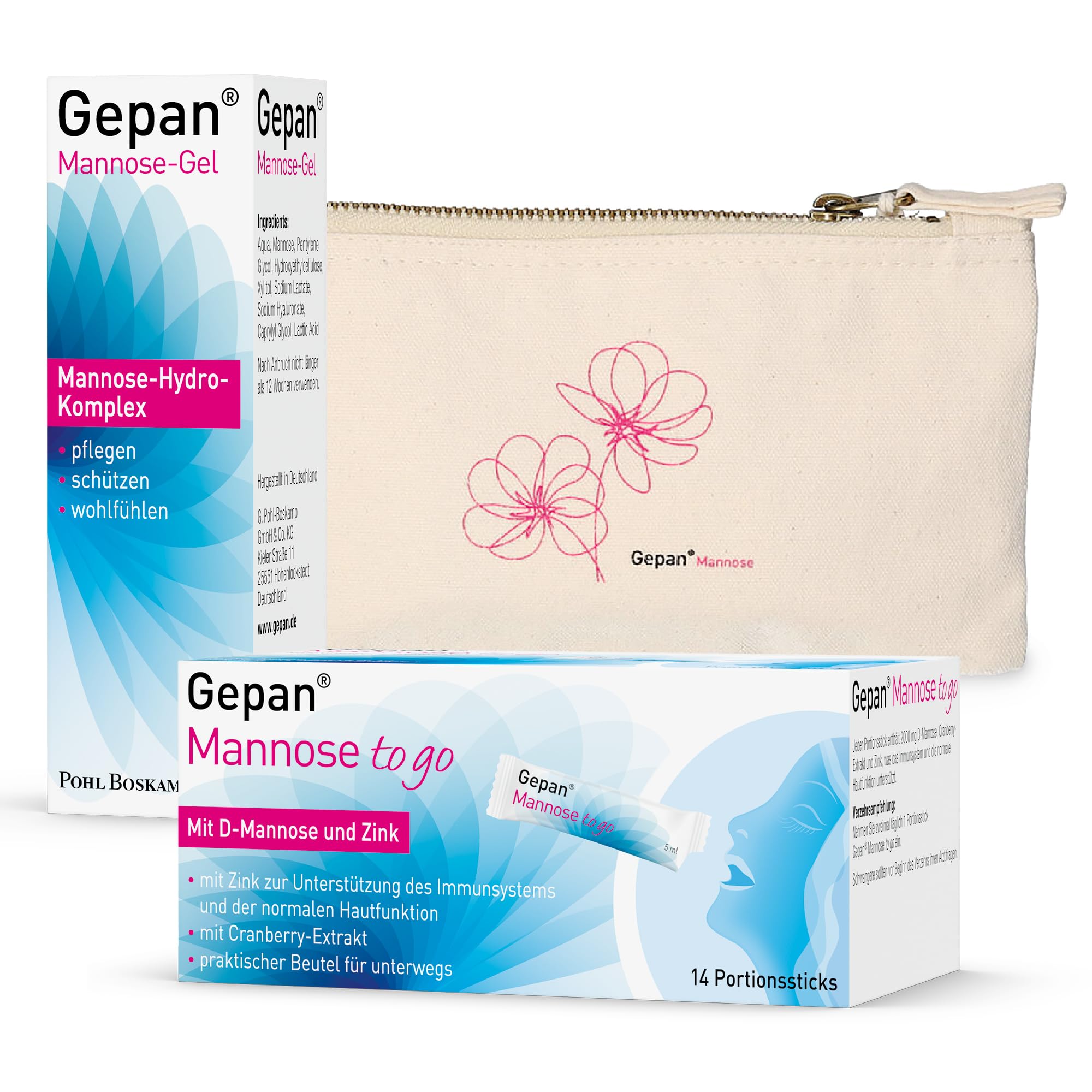 Gepan Mannose Set mit gratis Kosmetiktasche | Gepan Gel & to go| Intimpflege mit Schutzfaktor | Unterstützt die Haut im äußeren Intimbereich beim Schutz vor Infektionen, z.B. einer Blasenentzündung