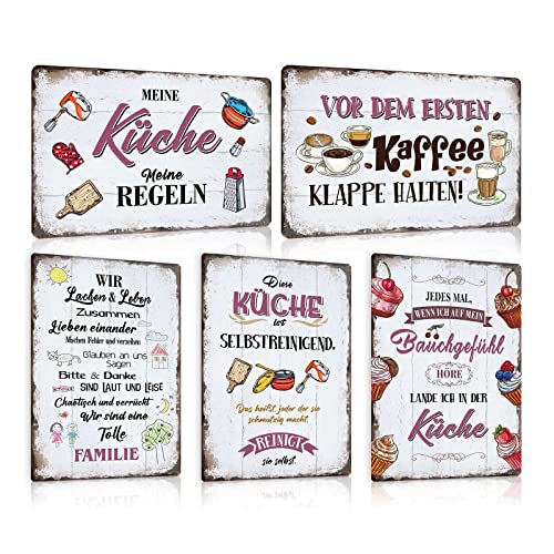 5er Set Retro Blechschild Küche mit Lustig Spruch - DIESE KÜCHE IST SELBSTREINIGEND - MEINE KÜCHE MEINE REGELN - Vintage Metallschild Wand-schild Küchen-deko als Geschenk und Familie Schild 20x30cm