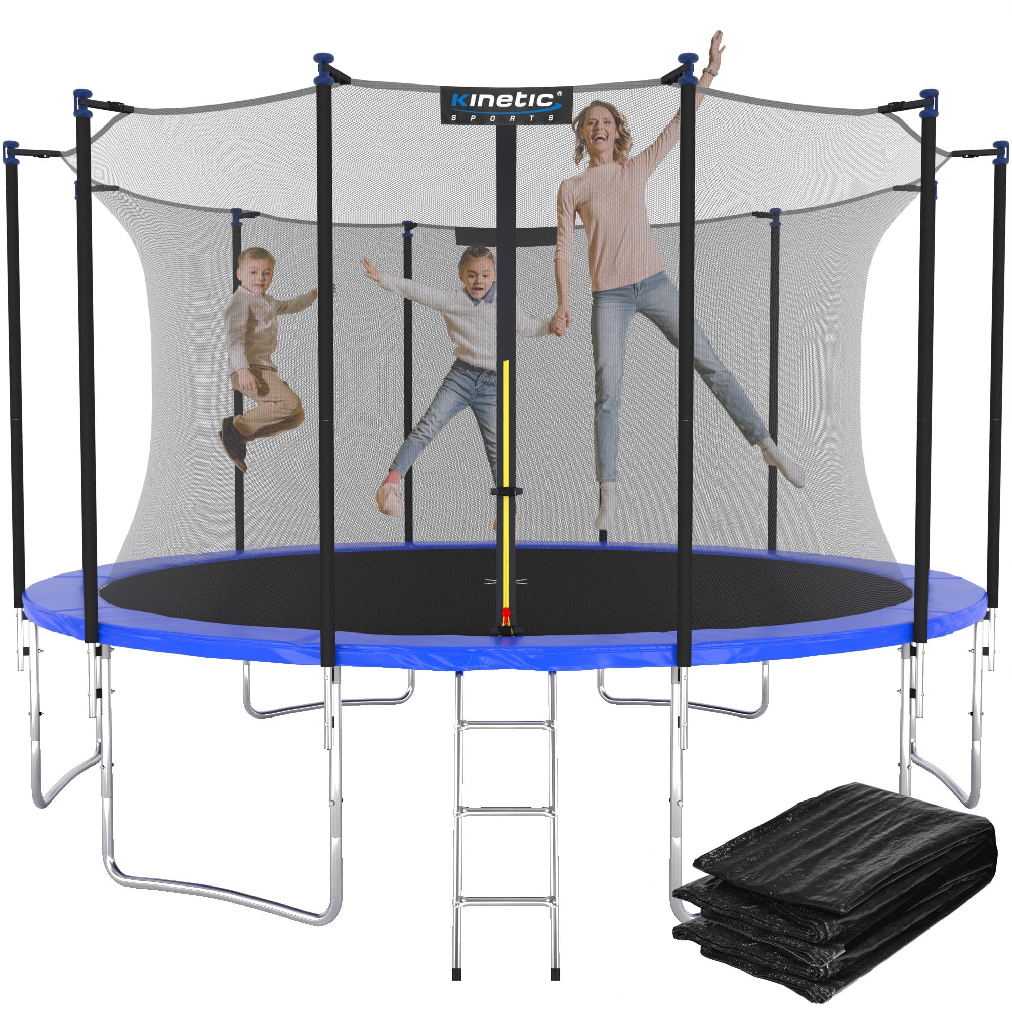 KINETIC SPORTS Trampolin Outdoor 'Salto Plus' Ø 366 cm – TÜV Rheinland geprüft, Komplett-Set für Kinder, USA Sprungtuch, Netz, Randpolster, Leiter – bis 160 kg, Blau