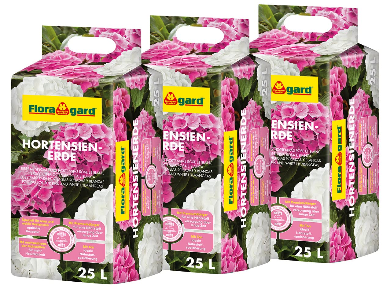 Floragard Hortensienerde roas/weiß 3x25 L - zum Pflanzen und Umtopfen - für Beet- und Kübelbepflanzung