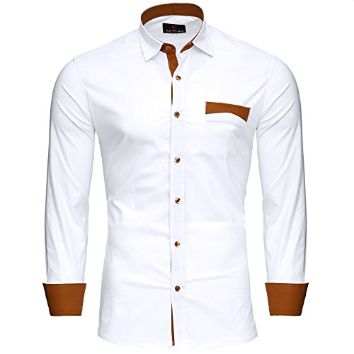 Reslad Männer Hemd bügelfrei Slim Fit Freizeit-Hemden Party Disco Business Herren Kontrast buntes Langarm Neu RS-7205 Weiß XL