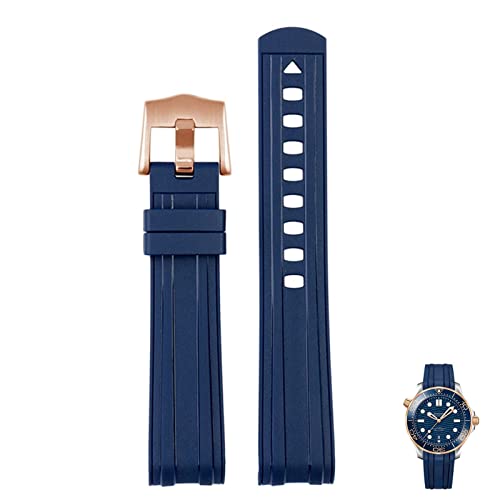 SCRUBY Für Omega Seamaster 300 Universe 007 gebogenes Ende Fluores Gummi Silikon Uhrenband 20mm 22m Uhr Weichgurt Männer Ersatz(Blue Rose gold,22mm)