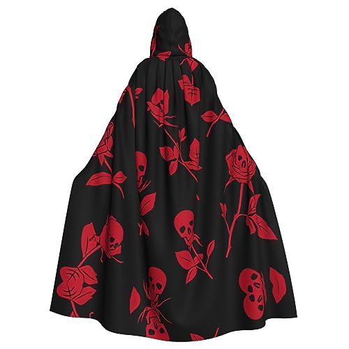 YQxwJL Langer Umhang mit Totenkopf-Rosen-Aufdruck, Unisex, mit Kapuze, Halloween, Weihnachten, Kostüme, Party-Umhang