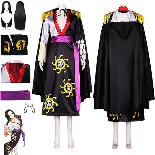 Anime One Piece Boa Hancock Karneval Verkleidung mit Perücke Ohrstecker, Schwarz Einmantel Gewand komplett Set Outfit, Frauen Mädchen Halloween Verkleidung Anzug,Black,L