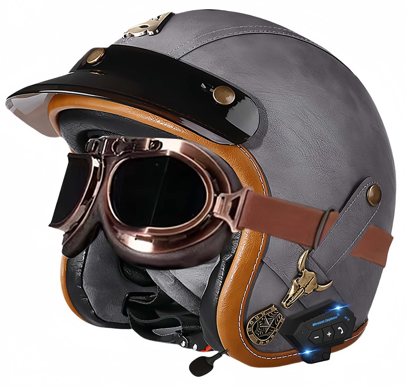 Bluetooth-Helme, Vintage-Motorrad-Halbhelm, ECE-geprüfter offener Mopedhelm mit doppelter Größenverstellung für Cruiser-Bikes, Erwachsene, Männer und Frauen E,M54-56CM