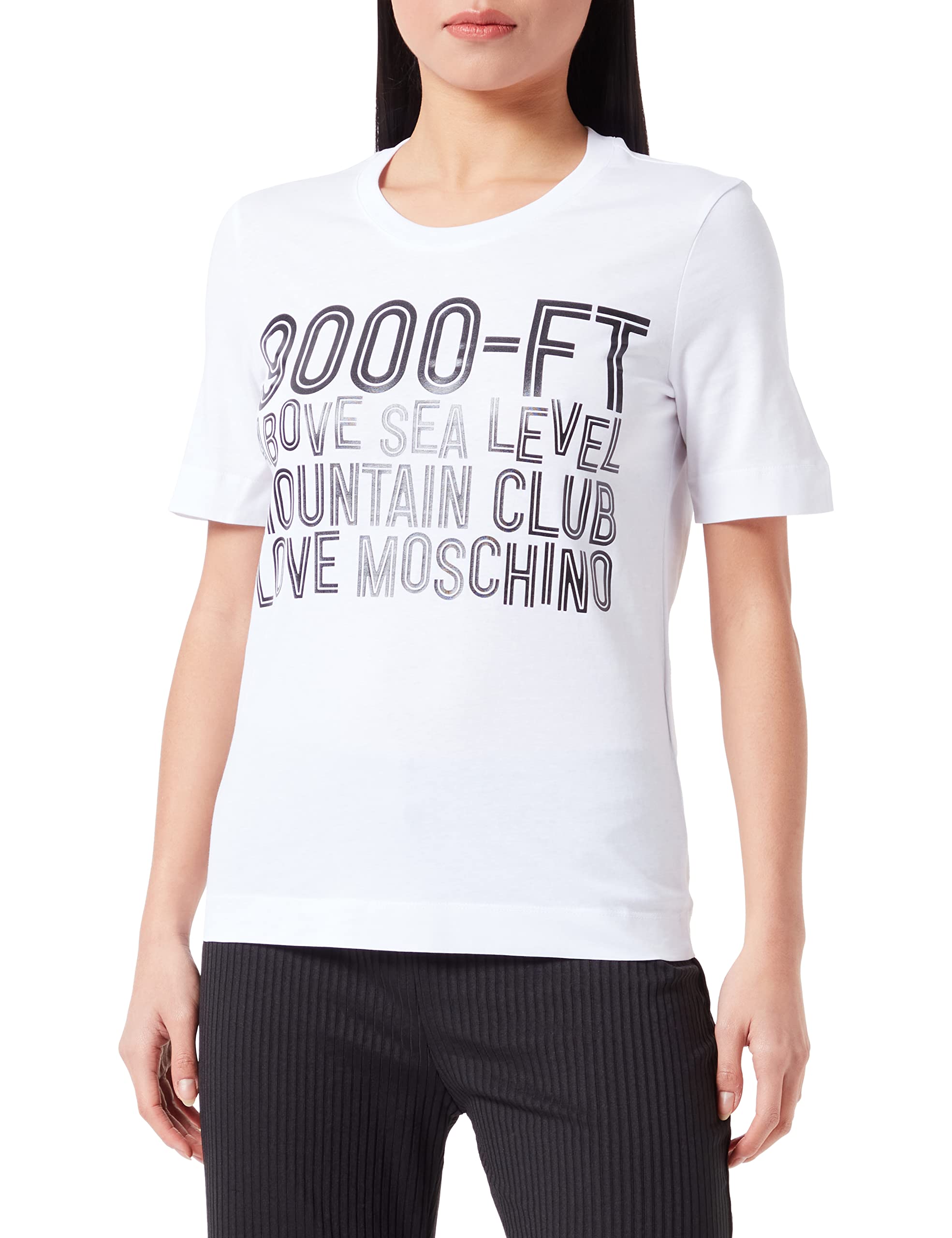 Love Moschino Women's Regular fit Short-Sleeved with 9000-ft Water Print T-Shirt, Optical White, 42