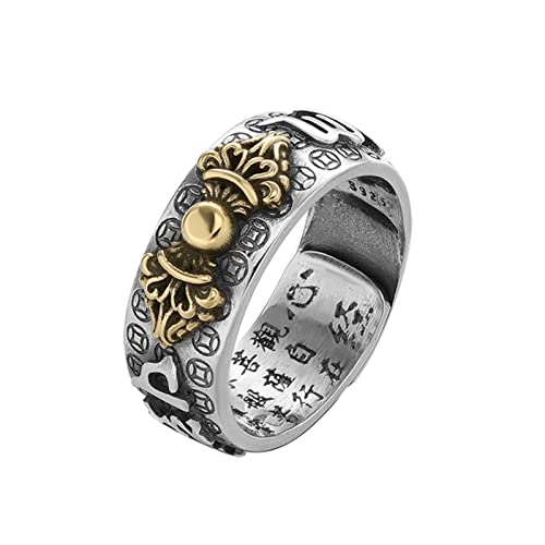 Glücksring, Feng Shui Pixiu Mantra Ring S925 Silber Buddhistisches Glücksamulett Mantra Doppelter Schutz Reichtum Liebe Gesundheit Ring Geschenk for Männer Frauen, Gold 2, verstellbar ( Color : Gold ,